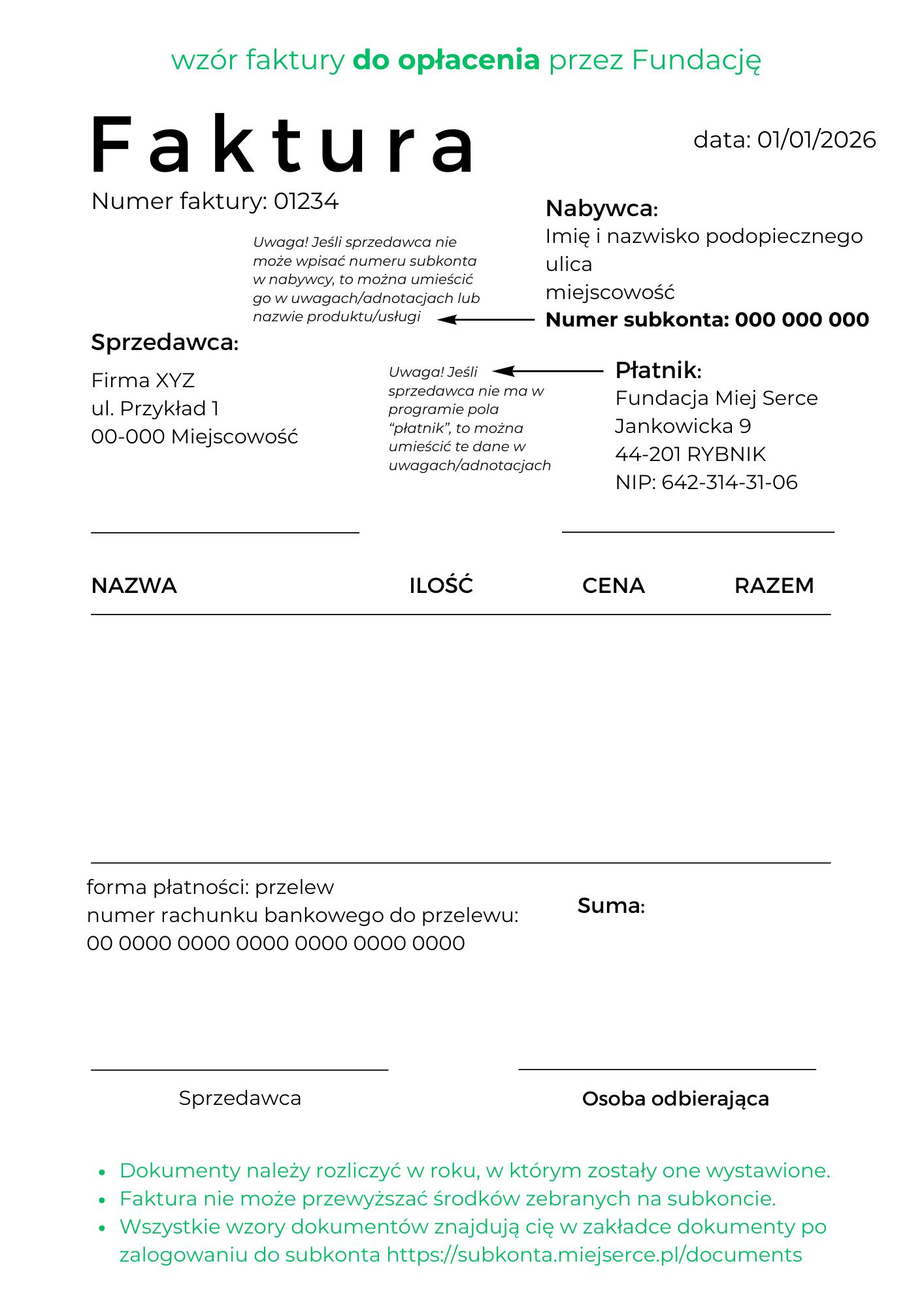 Wzór faktury do opłacenia przez fundację
