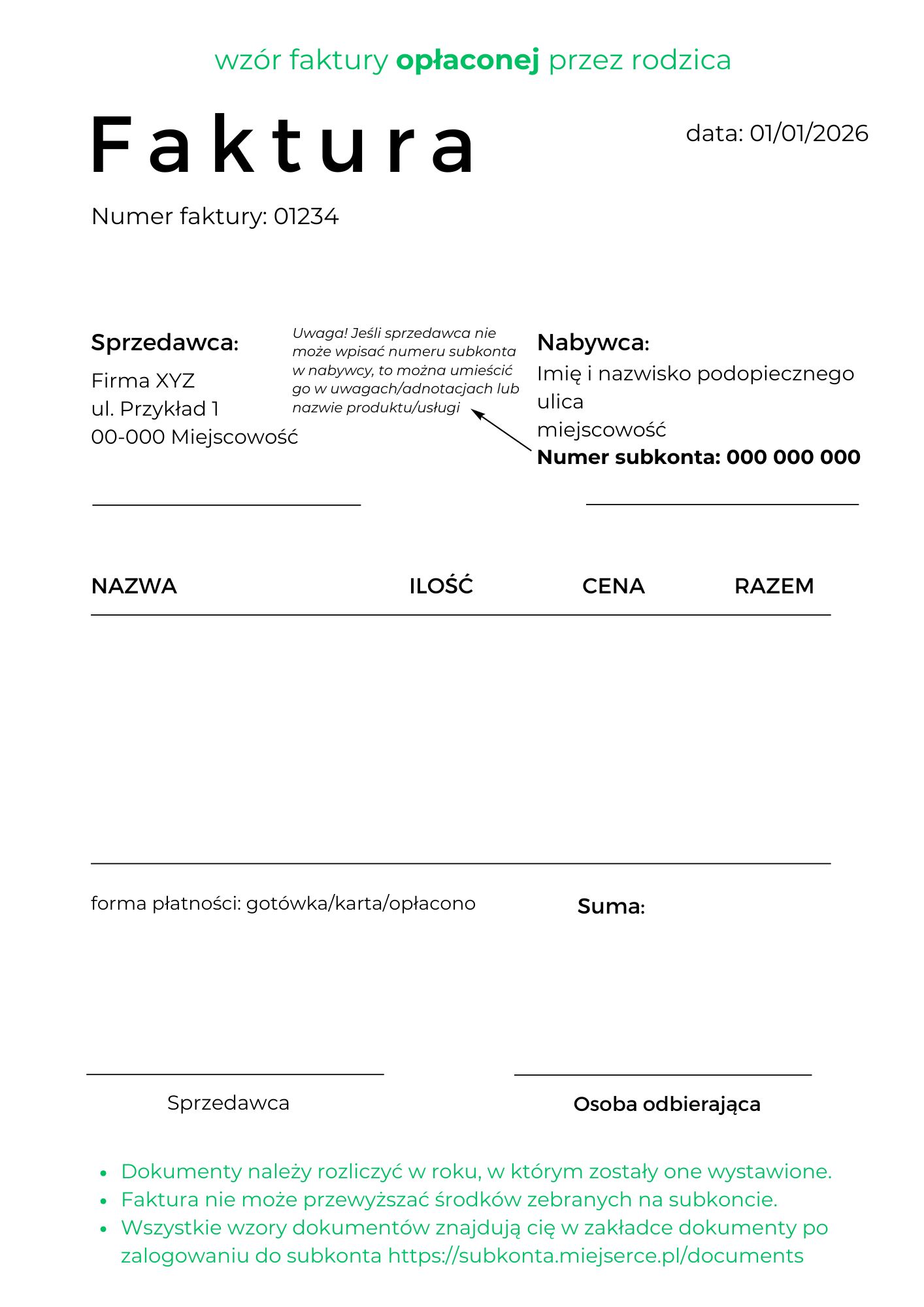 Wzór faktury opłaconej przez rodzica – do zwrotu środków przez fundację